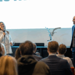 Guðrún Edda Guðmundsdóttir og Guðni Th. Jóhannesson á morgunfundi hjá ráðgjafarfyrirtækinu Aton í Reykjavík.